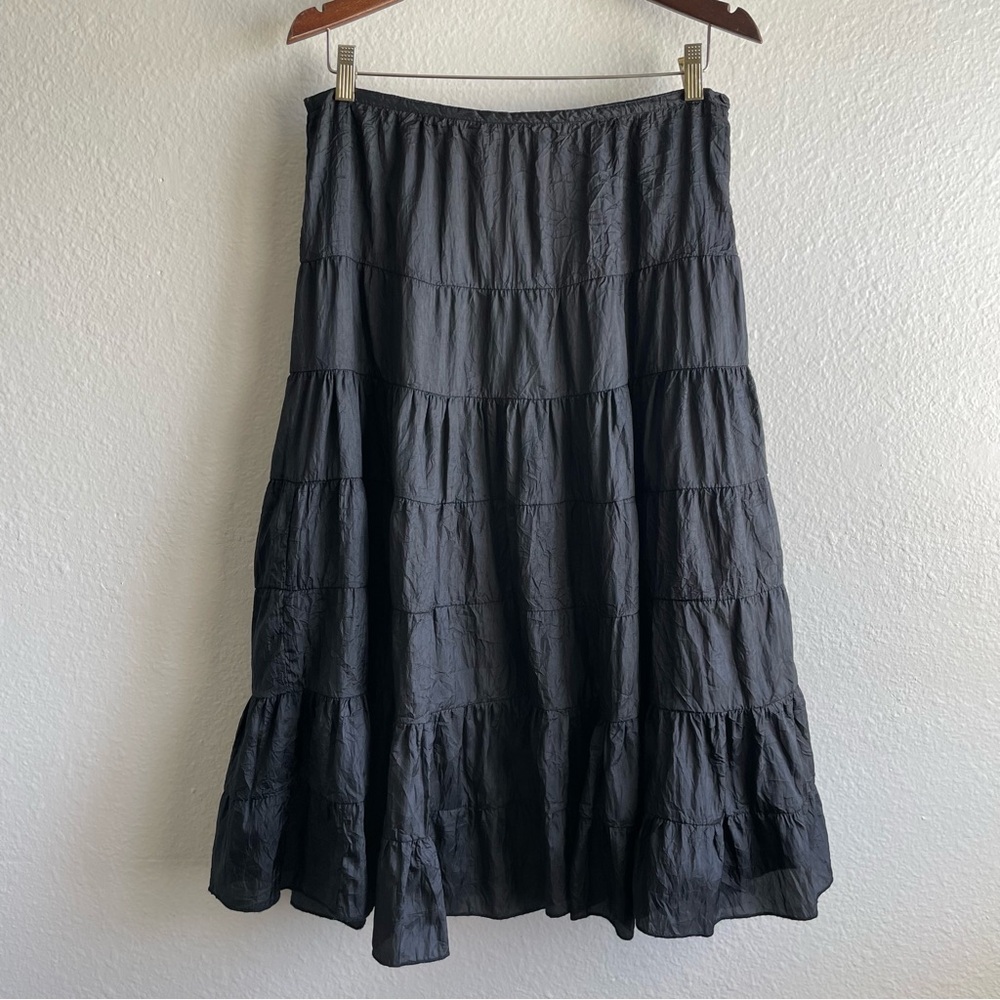 Y2K Lightweight Black Tiered Satin Crinkle Maxi Skirt